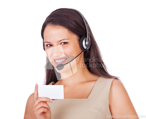 Image of Woman, portrait and headset with business card or telemarketing communication, contract us or information. Female person, paper or white background in studio or customer service, consulting or mockup