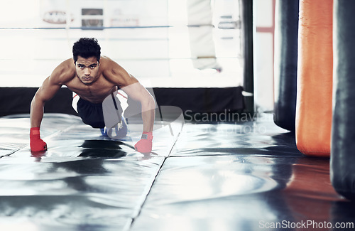 Image of Athlete, portrait and push ups for sports in gym for training, wellness and workout for body. Man, exercise and gloves on hands, muscle and health for person in fitness centre, strong and serious
