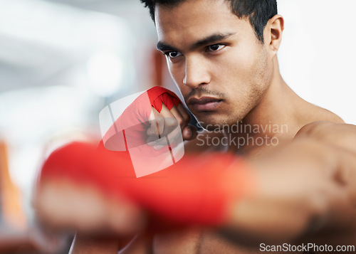 Image of Boxer, man and training for sports competition, fitness and exercise for health. Professional fighter, workout and gym for wellness person, strong athlete body and champion mma for martial arts