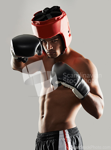 Image of Man, portrait and in studio with boxing gear for safety while fighting, tough and serious for competition. Male person, protection wear and ready for self defense match, mma and physical sports