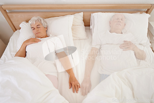 Image of Sleeping, ghost and senior woman in bed, depression and mourning of husband or spouse in bedroom. Elderly female person, mental health and dream at home, spirit and haunted by lonely or past memory