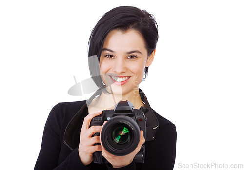 Image of Photographer, portrait and woman with camera, digital and studio with white background or mock up. Girl, smile and employee for creative company as career, passionate and happy for job and art