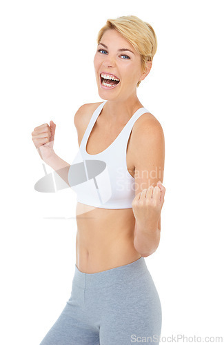 Image of Woman, portrait and success in studio for fitness achievement, training and victory on white background. Workout model, person and winner fist for health, exercise and wellness on mockup backdrop