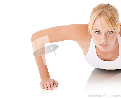 Image of Portrait, woman and pushup for fitness, exercise and strength in studio mockup on white background. Confident, determined and strong female person with sportswear for training, health or wellness