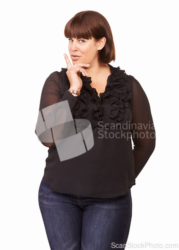 Image of Studio, portrait and plus size woman with secret in white background for fashion, casual and jeans. Female person, smile and relax in jeans for comfort in backdrop, confident and positive as model