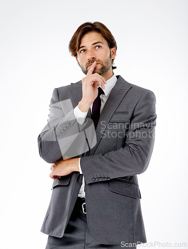 Image of Businessman, thinking and fashion with decision, choice or idea on a white studio background. Thoughtful man or employee in suit, wonder or solution for query, plan or question in doubt on mockup