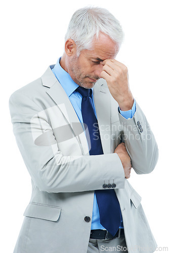 Image of Business man, headache and stress against a white background about accounting. Manager pain from migraine, pressure working on financial project and budget fail or trading for stock market mistake