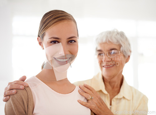 Image of Elderly mom, daughter and portrait with hug, pride and care for love, bonding and reunion in family home. People, senior mom and women with celebration for mothers day, connection and smile in house