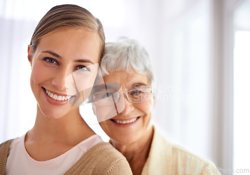 Image of Senior woman, daughter and portrait with hug, pride and care for love, bonding and reunion in family home. People, elderly mom and mothers day celebration with connection, together and smile in house