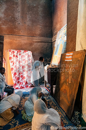 Image of Orthodox christian Ethiopian people inside famous rock-hewn church, Lalibela Ethiopia people diversity,