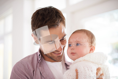 Image of Father, happy and newborn baby with love, support and care for family, paternity and bonding. Excited dad, man or parent with his child or kid for childhood, development and growth or nurture at home