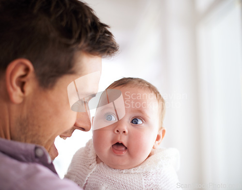 Image of Love, father and baby with face in home for bonding, comfort and playing together for healthy development. Family, man and newborn child with smile, embrace and relax for parenting, care and security