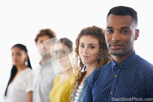 Image of Recruitment, diversity and portrait of group, line and wait for interview on white background. Male person, candidates and job hiring for internship, staff or potential career for businesspeople