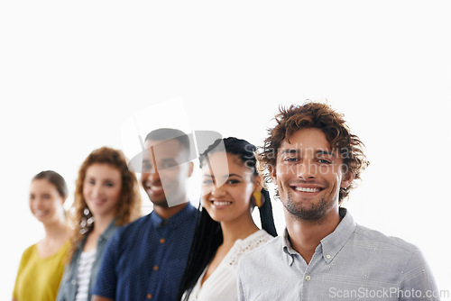 Image of Smile, portrait and team of business people in studio with collaboration, unity or diversity. Confident, happy and mentor with group of creative designers isolated by white background with mockup.