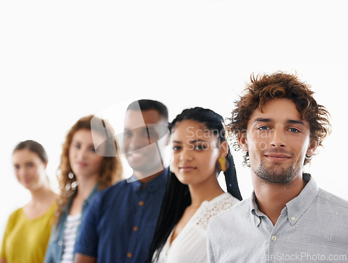 Image of Happy, pride and team of business people in studio with collaboration, unity or diversity. Confident, smile and portrait of group of creative designers isolated by white background with mockup space.