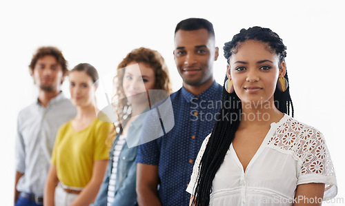 Image of Portrait, diversity and group recruitment in row, potential and employees by white background. Internship, interview and job search for candidates, human resources and development for applicants