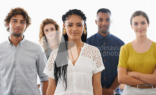 Image of Business people, portrait and happy with teamwork in studio for recruitment, onboarding and hiring process with pride. Collaboration, professional workers and face with diversity on white background