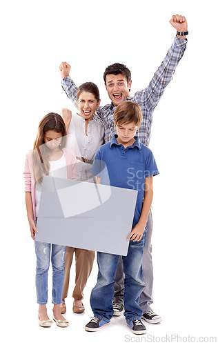 Image of Parents, kids and studio with space on poster in portrait with cheers for winning, love and success by white background. Mother, dad and children with mock up, promotion and celebration with family