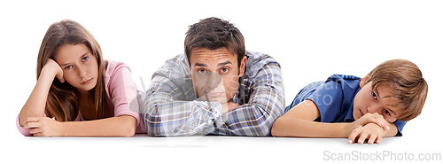 Image of Floor, bored and portrait of father with children on a white background for bonding, relationship and love. Family, parenthood and unhappy dad, girl and boy for rest, care and relaxing in studio
