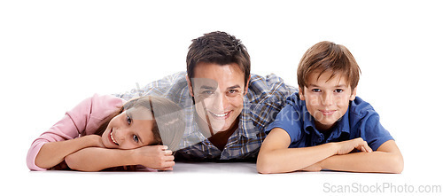 Image of Happy, white background and dad and kids on floor for bonding, relationship and love. Family, parenthood and dad hug, embrace and smile with girl and boy for support, care and affection in studio