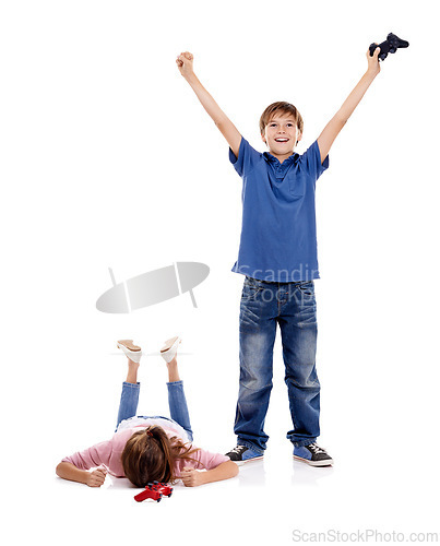 Image of Happy, sad and children with video games on a white background for playing, celebration and winning. Family, siblings and upset girl with excited boy with remote controller for gaming in studio