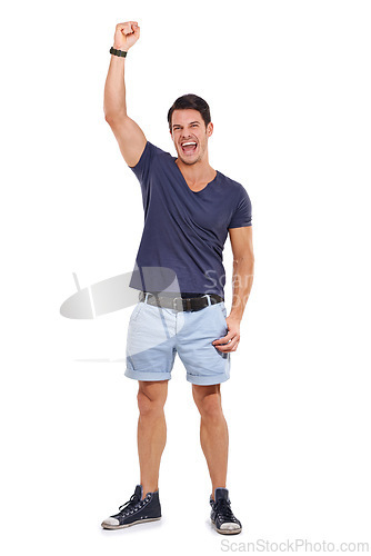 Image of Portrait, excited and man with fist pump for success, victory or winning in studio on mockup. Happy, male model and smile for celebration of achievement, good news or triumph on white background