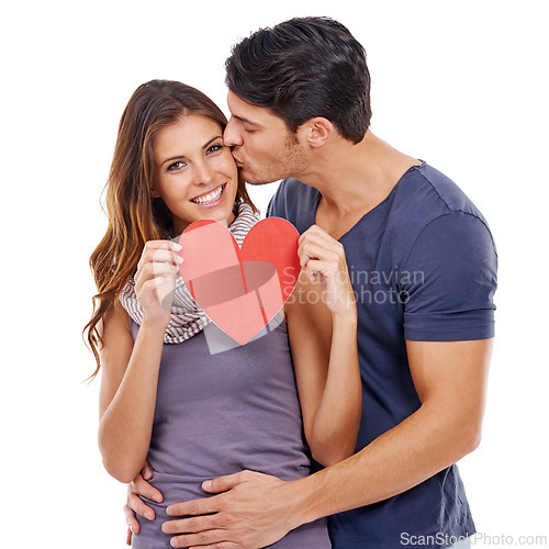 Image of Couple, kiss and heart paper in studio for romance, love and happy portrait with hug on a white background. Young woman and man together with affection, love and mockup or space for valentines day