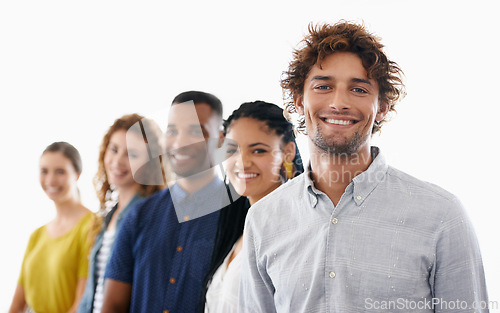 Image of Row, team and portrait with smile, mentor and teamwork for creative people. Diversity, group and professional staff with confidence, development for internship and against white studio background