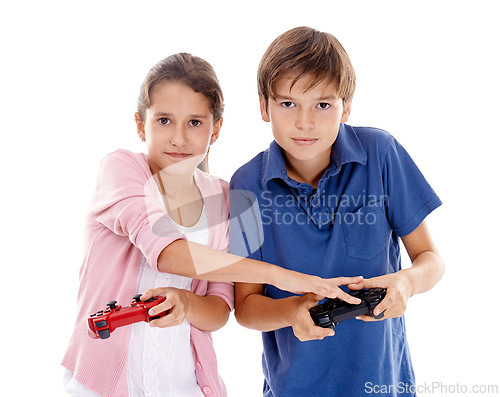 Image of Children, video game and controller for siblings in studio, portrait and competition by white background. Girl, boy or family kids with gaming, press and contest with strategy, cheating or playing