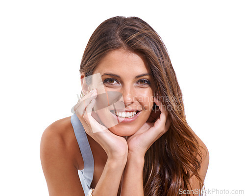 Image of Excited, happy and portrait of woman on a white background in trendy clothes, style and casual outfit. Stylish, beauty and face of isolated person with confidence, happiness and pride in studio