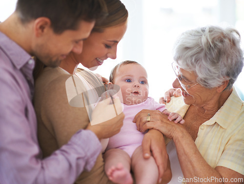 Image of Family, grandmother with baby and parents are happy at home, people bonding with love and relationship. Support, trust and care, smile for pride and generations, childhood and connect with infant