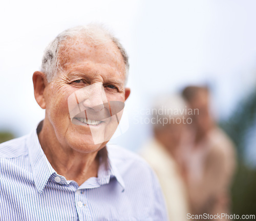 Image of Senior, man and happy portrait outdoor on holiday, vacation and travel for retirement with confidence. Elderly, person and face with smile in garden, nature or backyard of home for relax and break