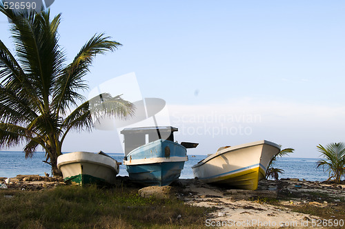 Image of three fishing boats on shore caribbean sea