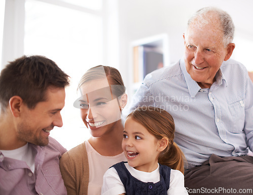 Image of Parents, grandfather and child or happiness on couch for healthy development, security and comfort in apartment. Family, men and woman with girl kid, smile and bonding for parenting and love in house