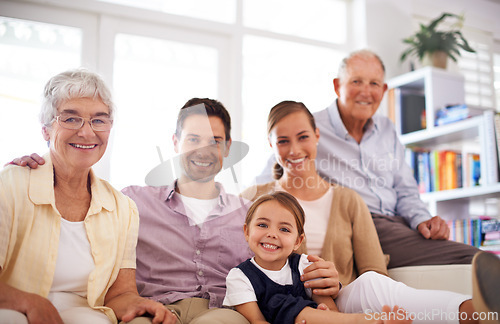 Image of Portrait, big family and happy child on sofa in home for bonding, love or kid relax together with parents. Face, grandparents and girl with mother and father in living room with smile for connection