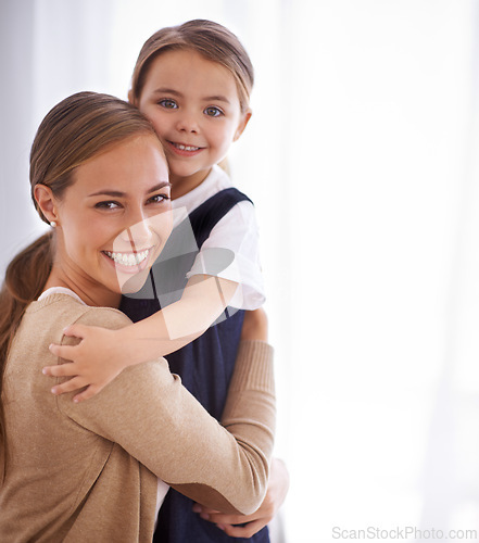 Image of Mother, child and hug for love and security, happy in portrait with bonding and care at family home. Safety, trust and affection with embrace to nurture and people with joy and comfort for connection