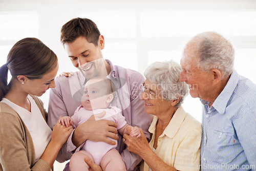 Image of Parents, grandparents and baby with happiness in home for healthy development, security and comfort in apartment. Family, men and women with infant, smile and embrace for parenting, bonding and love