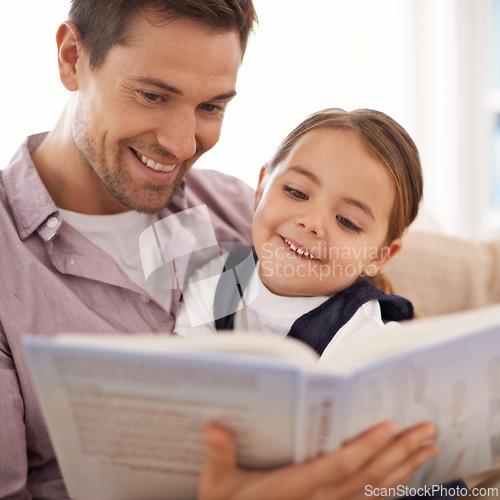 Image of Father, child and reading book for fairytale, happy with bonding at home and knowledge for education. Man, young girl and story time for fantasy and learning with love and care together in lounge