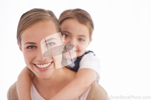 Image of Mother, child and piggyback in portrait in studio with games, love and bonding with smile while playing on white background. Playful woman, young girl and happy with fun time together for childhood