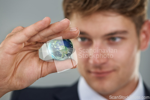 Image of Hand, globe and hologram, business man for corporate global network and communication worldwide. Planet Earth, international professional development and future for globalization on grey background