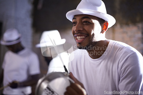 Image of Live music, smile and man with percussion instrument and band mates on stage in South Africa. Happy black person, drummer and musician for playing, singing and dancing in night club performance