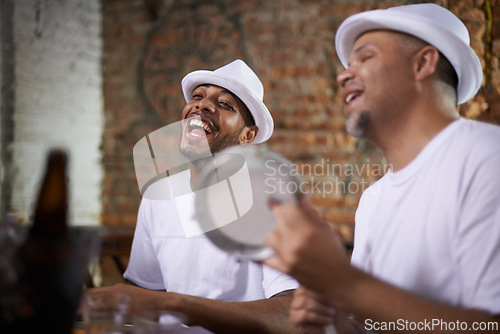 Image of Happy man, band and percussion with music for performance, audition or singing at musical event. Male person or group of musicians playing instruments for sound or fun local entertainment at concert