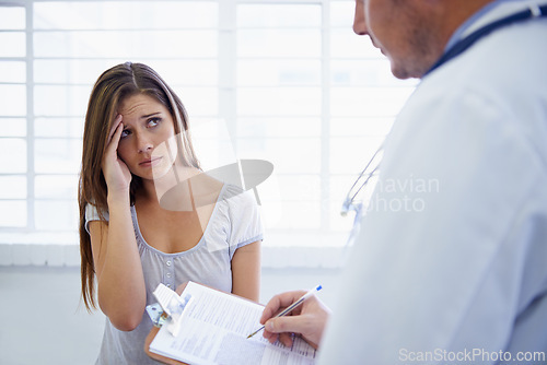 Image of Doctor, woman and consultation or paperwork or worry for diagnosis checklist or results, headache or virus. Patient, healthcare and document in hospital for migraine prescription, test or treatment