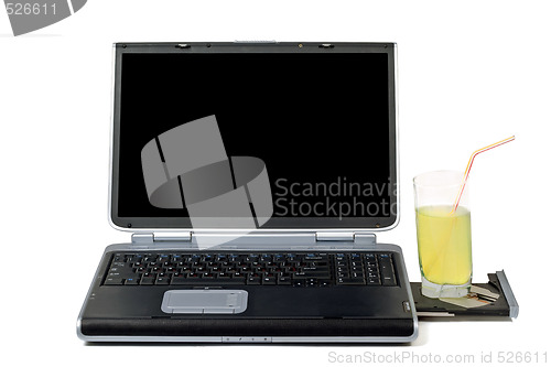 Image of Laptop and cocktail. Isolated on white background