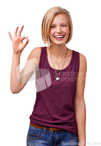 Image of Happy woman, portrait and good job with ok emoji for well done or perfection on a white studio background. Female person, blonde or model with smile, like or yes sign for spot on, correct or precise