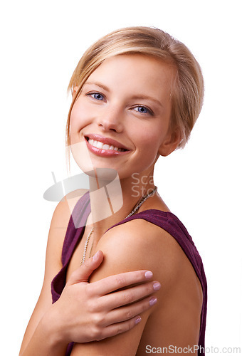 Image of Fashion, beauty and portrait of woman on a white background for wellness, skincare and beauty. Happy, attractive and natural face of isolated person with confidence, cosmetics and smile in studio