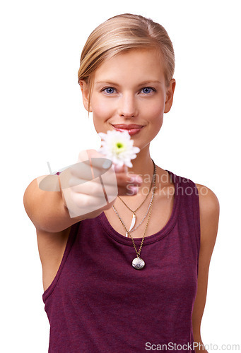 Image of Studio, woman or giving a flower in portrait by white background or gift of perfume for botanicals. Model, present or creative inspiration with daisy for stress relief or kindness on face with plant