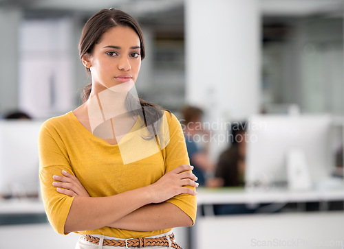 Image of Business, portrait and woman with arms crossed, startup and confidence with professional and PR consultant. Face, person and entrepreneur with pride and designer in a workplace with agency or company