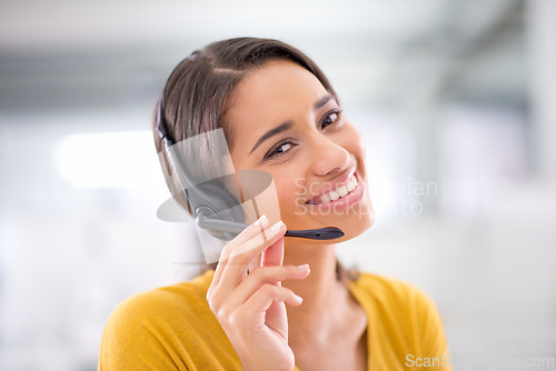 Image of Smile, phone call and portrait of woman with headset, help desk and callcenter at crm office. Proud, happy or professional consultant with job in telemarketing, customer service and online support.