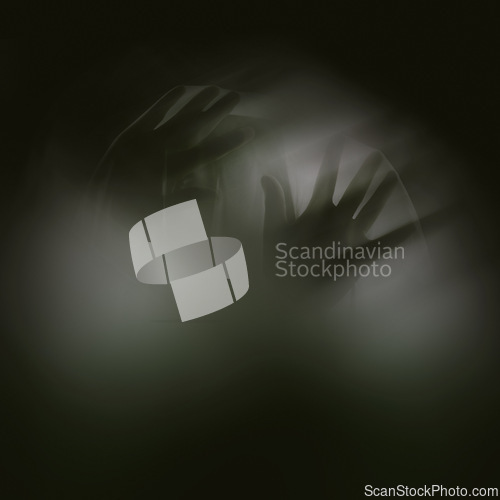 Image of Ghost, sheet and hand for scary horror or late night in dark with or halloween or paranormal silhouette, black background or creepy. Apparition, shadow and evil or supernatural mockup, escape or fear